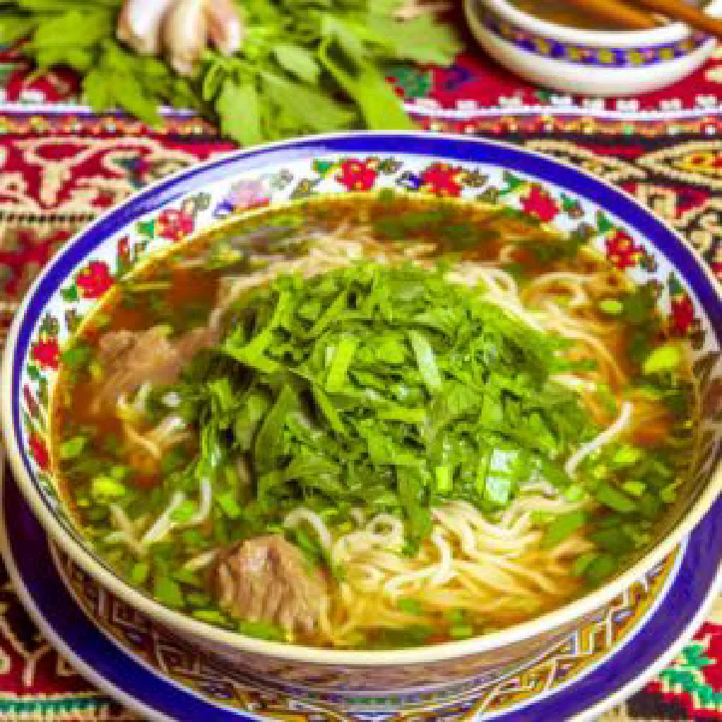 Bowl of Ugro Aush noodle soup with meat, carrots and fresh herbs