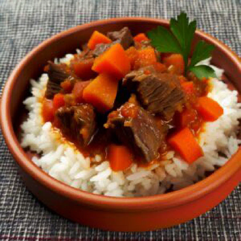 Zaytun rice with tender lamb, carrots and fresh parsley in a serving dish