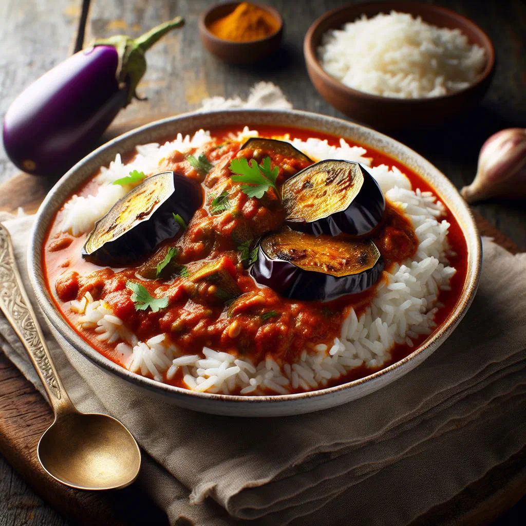 Tanzanian aubergine curry in a deep bowl garnished with fresh coriander