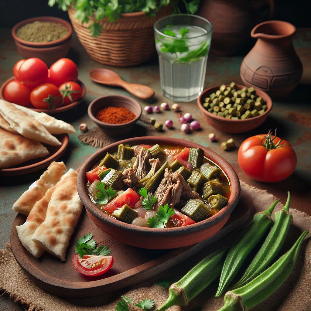 Tanzanian bamia okra stew in a bowl with tomatoes and peppers
