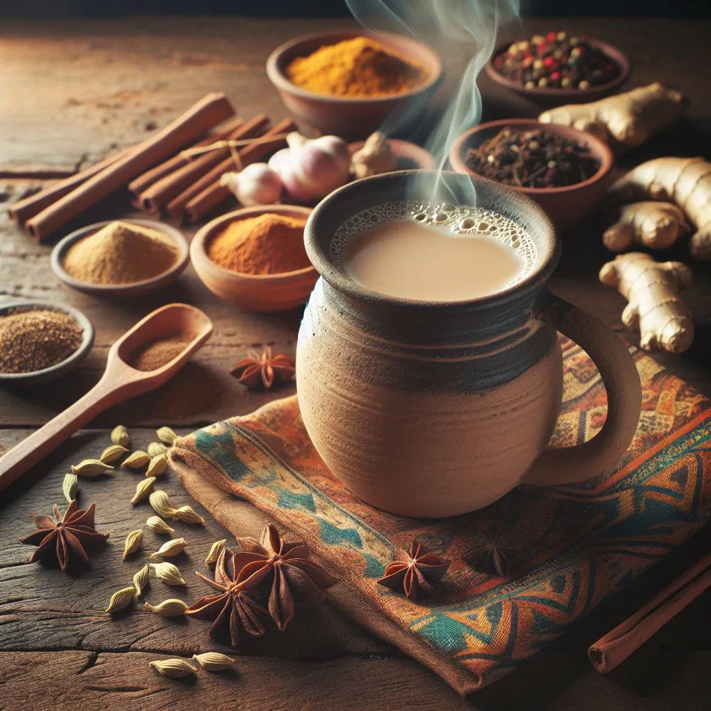 A cup of Tanzanian spiced milk tea with a cinnamon stick and cardamom pods