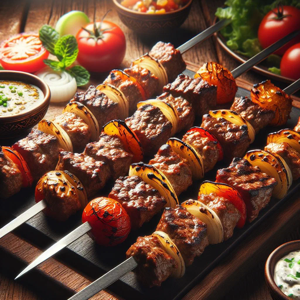Grilled Tanzanian beef skewers with lemon wedges and fresh herbs
