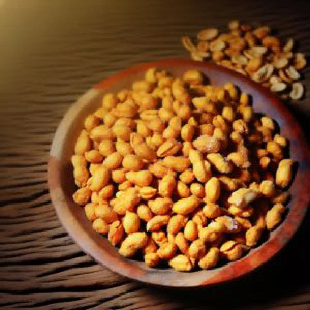 Golden fried peanuts coated in sweet coconut milk in a serving bowl