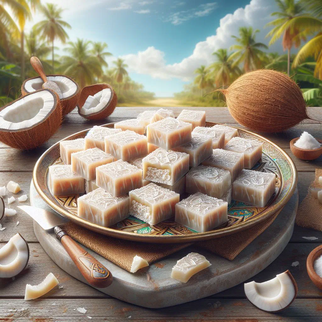 Squares of Tanzanian kashata with peanuts and coconut on a plate