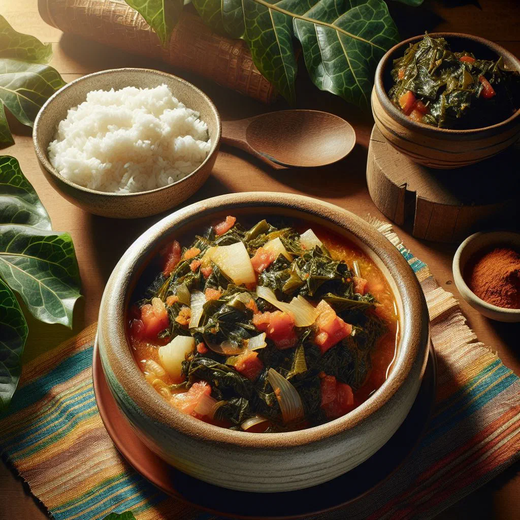 Kisamvu, a Tanzanian stew of cassava leaves in coconut milk with peanuts