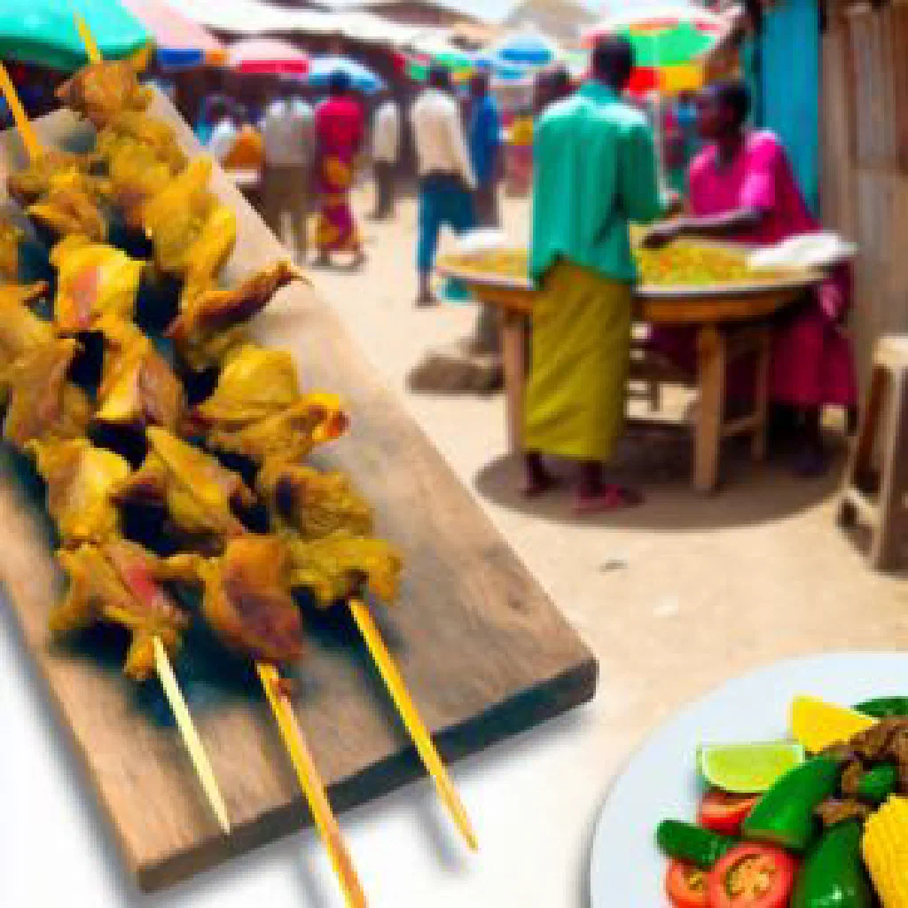 Grilled goat meat garnished with fresh herbs and lemon wedges