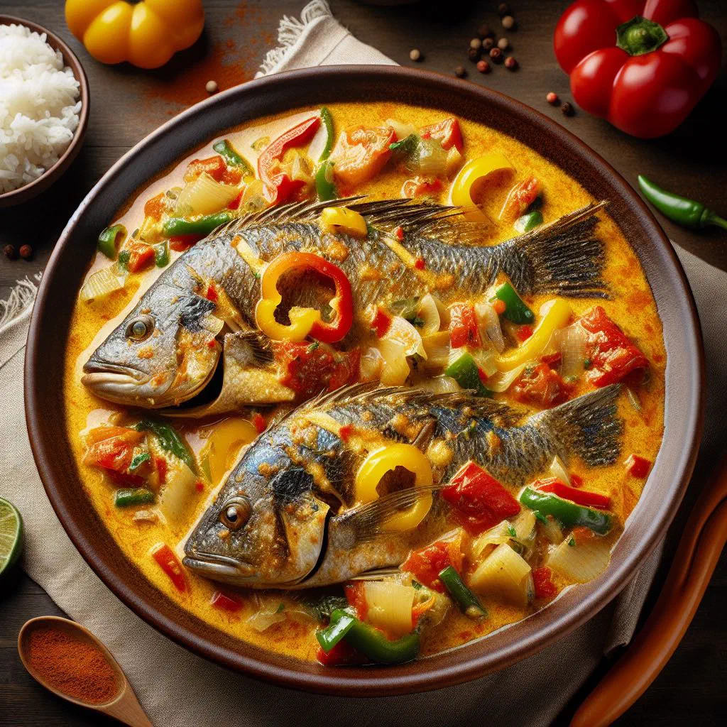 Tanzanian fish stew in a spiced tomato sauce, garnished with fresh coriander