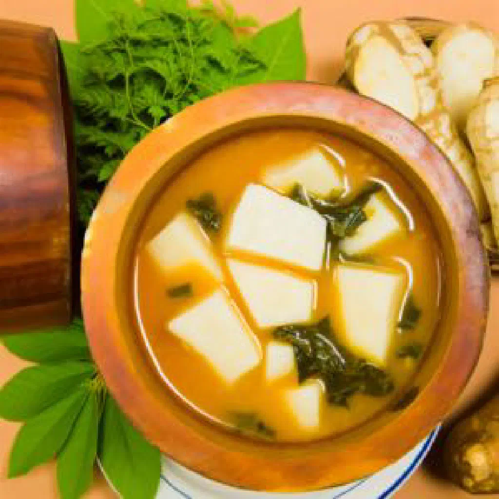 Tender cassava pieces simmered in creamy coconut milk, served warm in a bowl