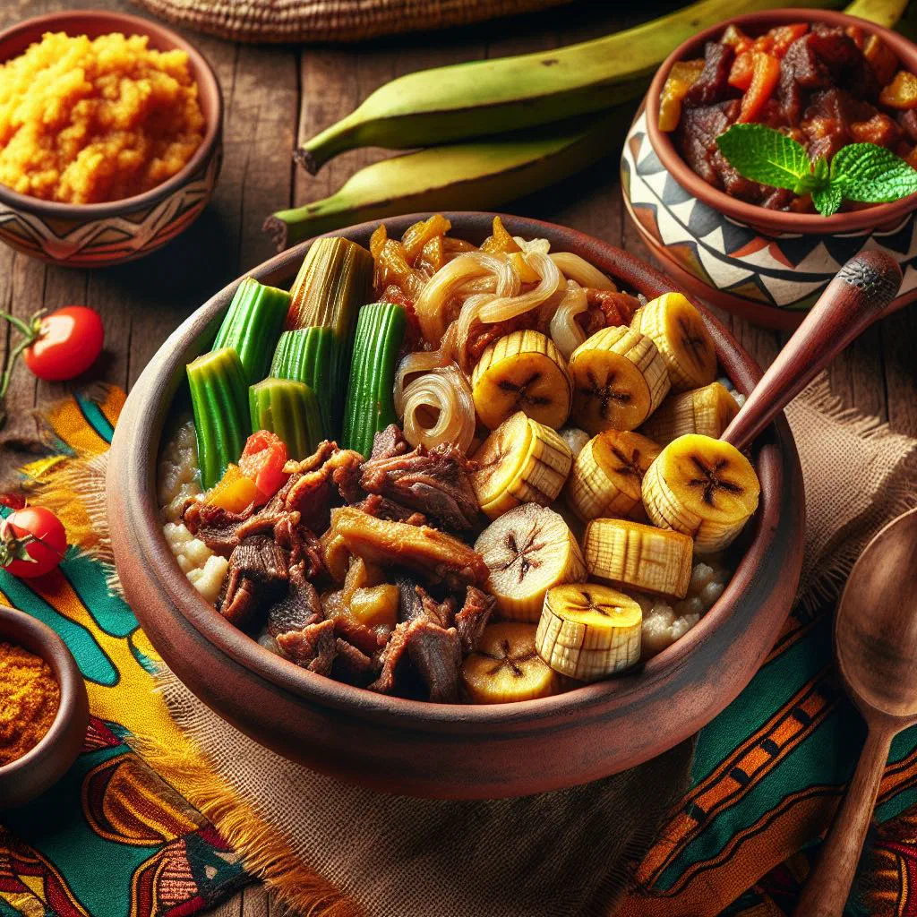 Ndizi nyama stew with tender meat and plantain slices in a bowl