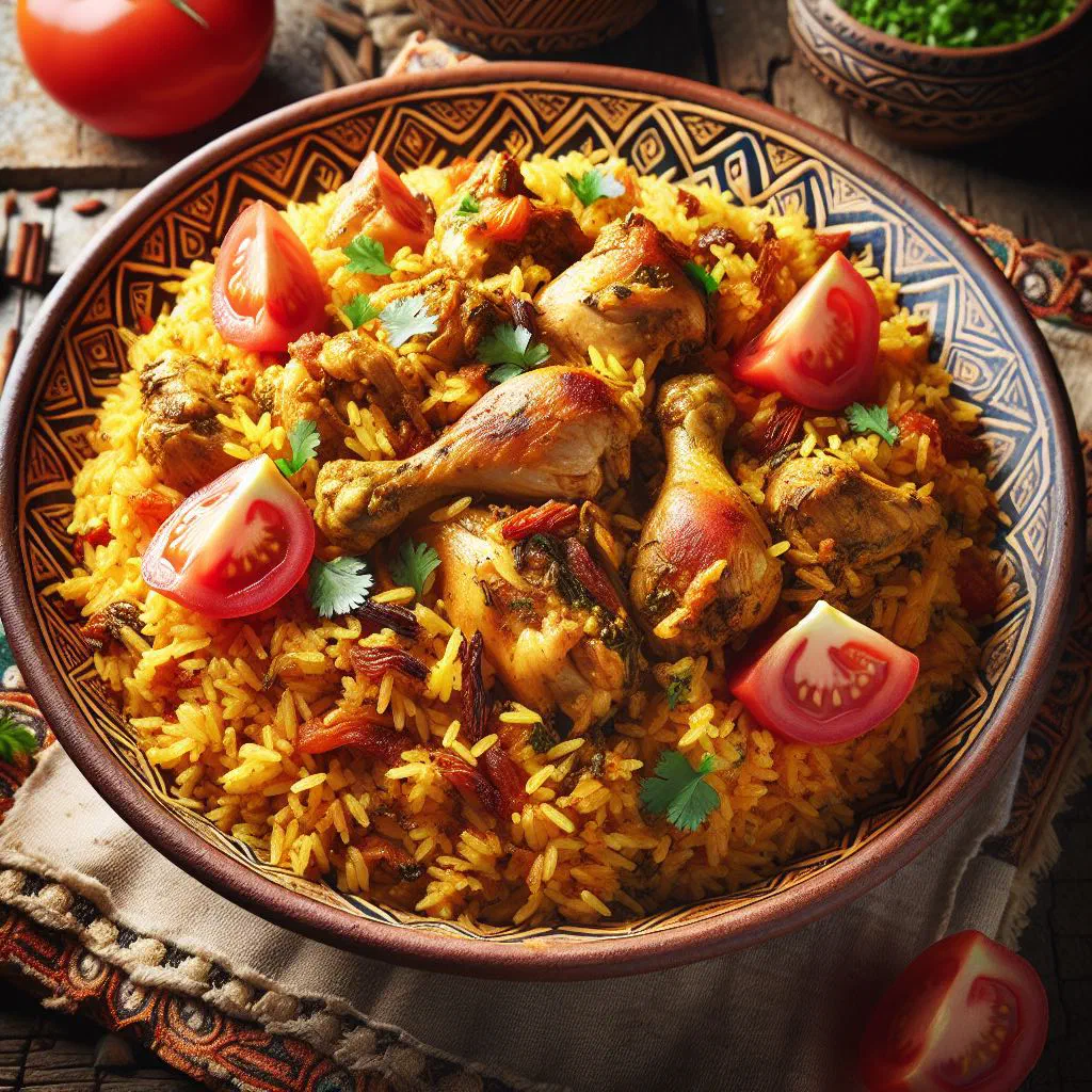 Spiced Tanzanian chicken pilau rice garnished with fresh coriander