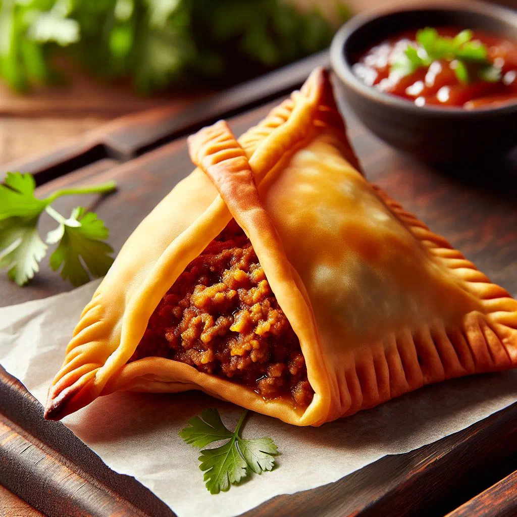 Golden deep-fried meat samosas served on a plate with fresh coriander