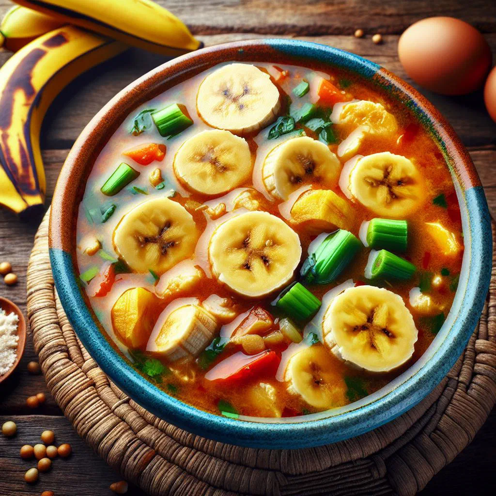 Bowl of Tanzanian plantain soup with carrots and fresh coriander