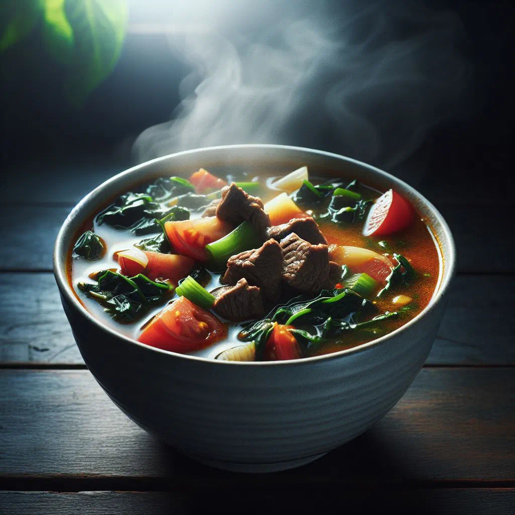 Bowl of Tanzanian beef soup with tender meat, carrots and fresh herbs