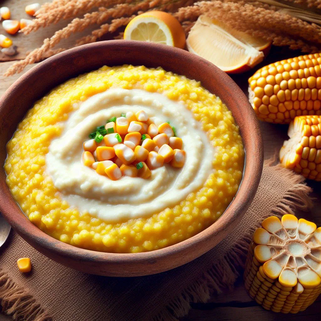 Bowl of creamy Tanzanian maize porridge topped with fresh fruit and nuts