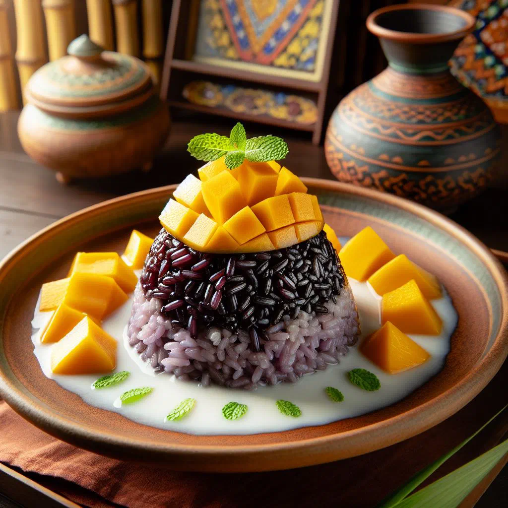 Bowl of black sticky rice with coconut milk and fresh fruit