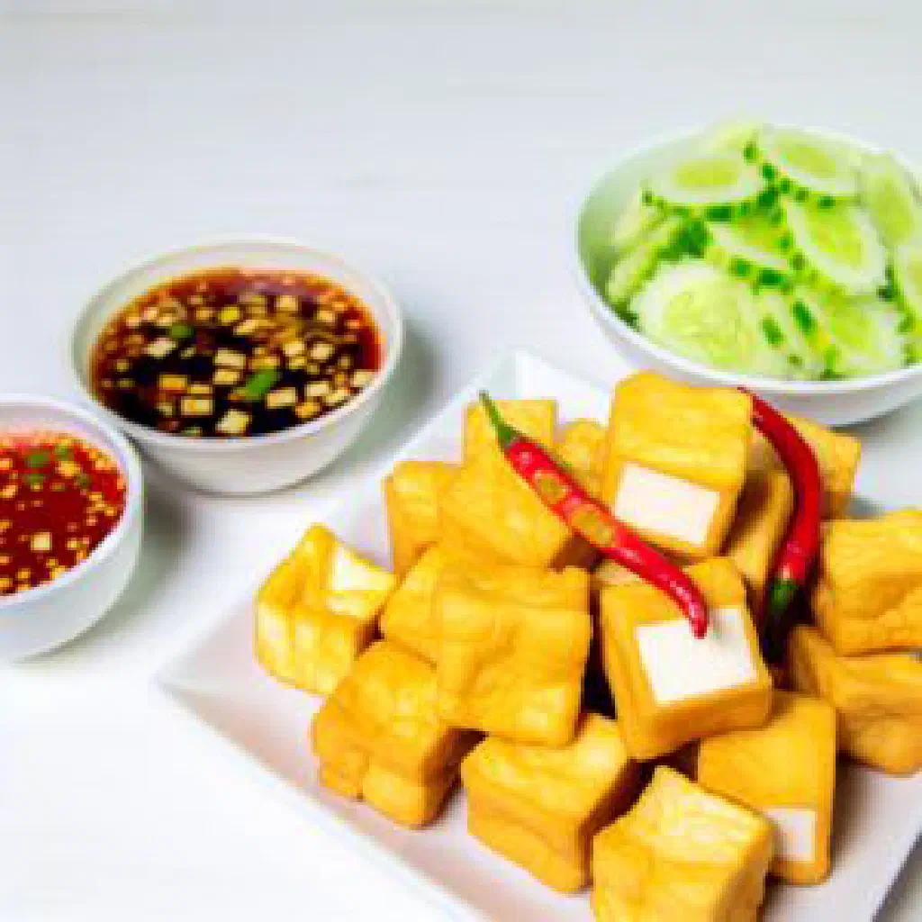 Golden crispy fried tofu cubes served with peanut dipping sauce