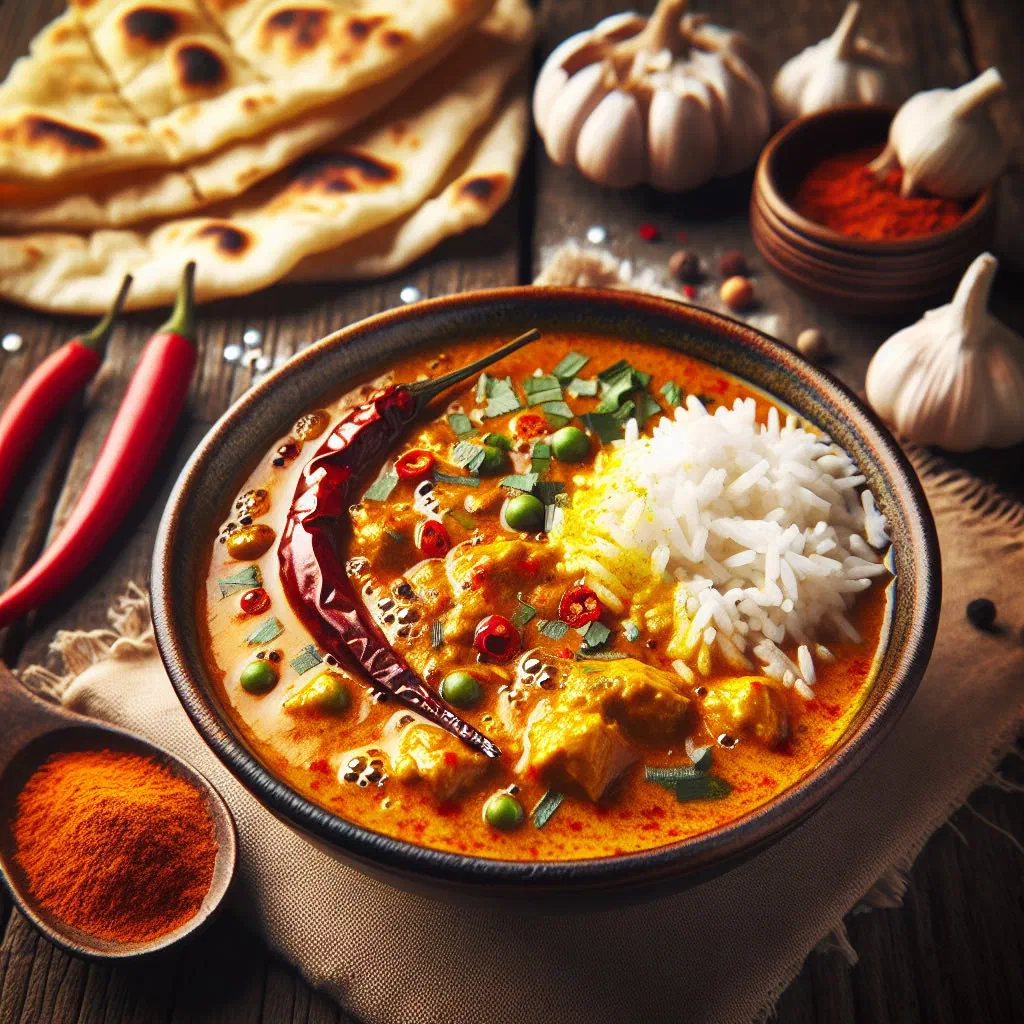 Thai chicken curry in coconut milk garnished with basil and chilli