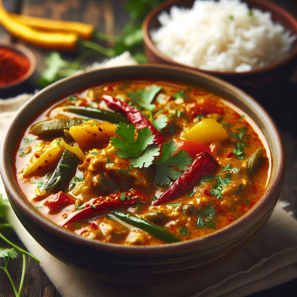 Thai yellow chicken curry with potatoes and fresh coriander in a bowl