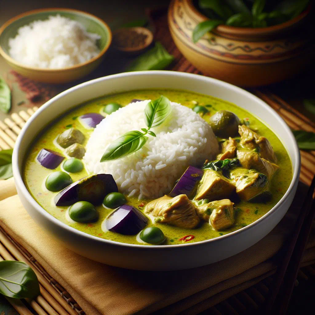 Bowl of green Thai curry with chicken, Thai aubergines and basil