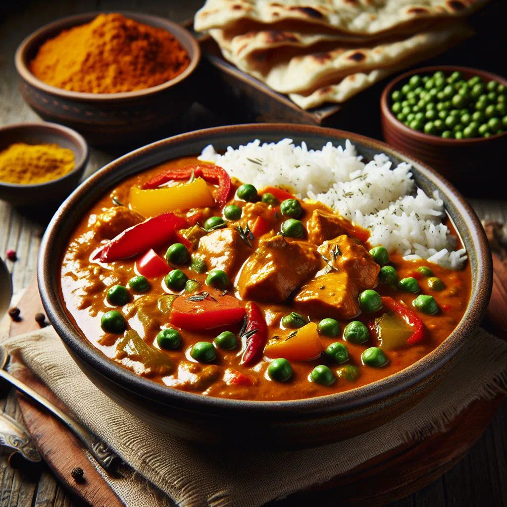 Bowl of Gaeng Run Juan curry garnished with Thai basil and coriander