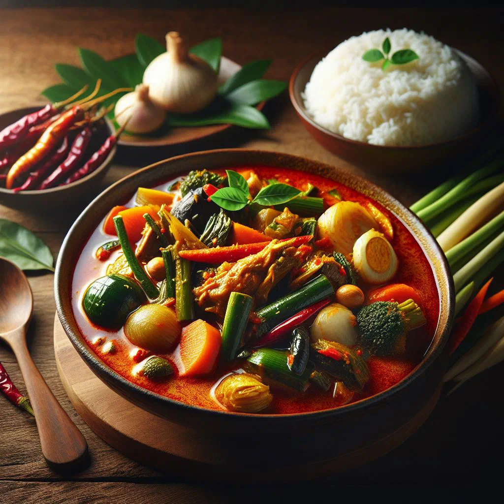 Bowl of Gaeng Sap Nok coconut curry soup garnished with fresh coriander and lime