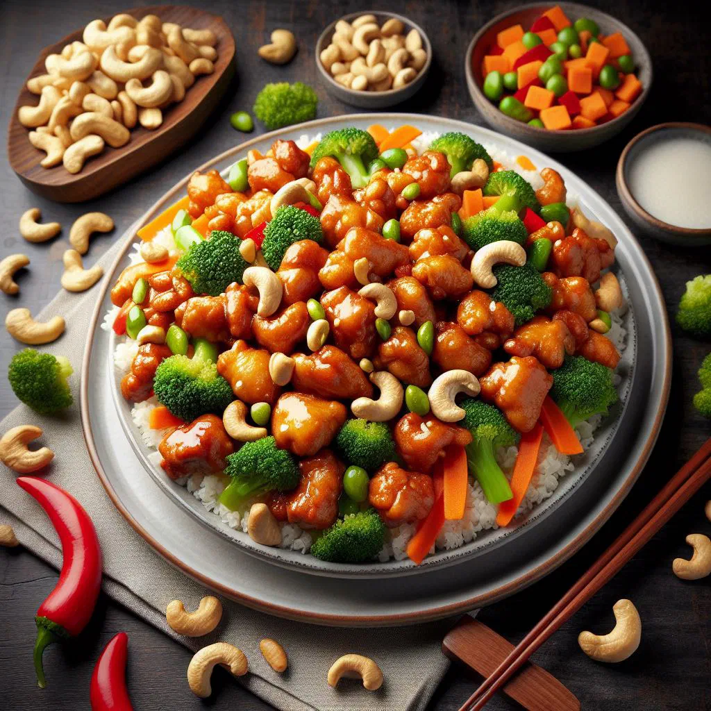 Stir-fried cashew chicken with peppers and spring onions on a plate