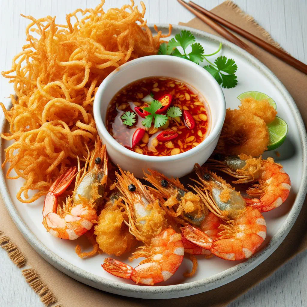 Crispy deep-fried Goong Sarong prawns garnished with fresh coriander