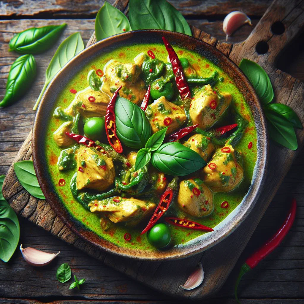 Thai green curry chicken with vegetables in coconut sauce, served with rice