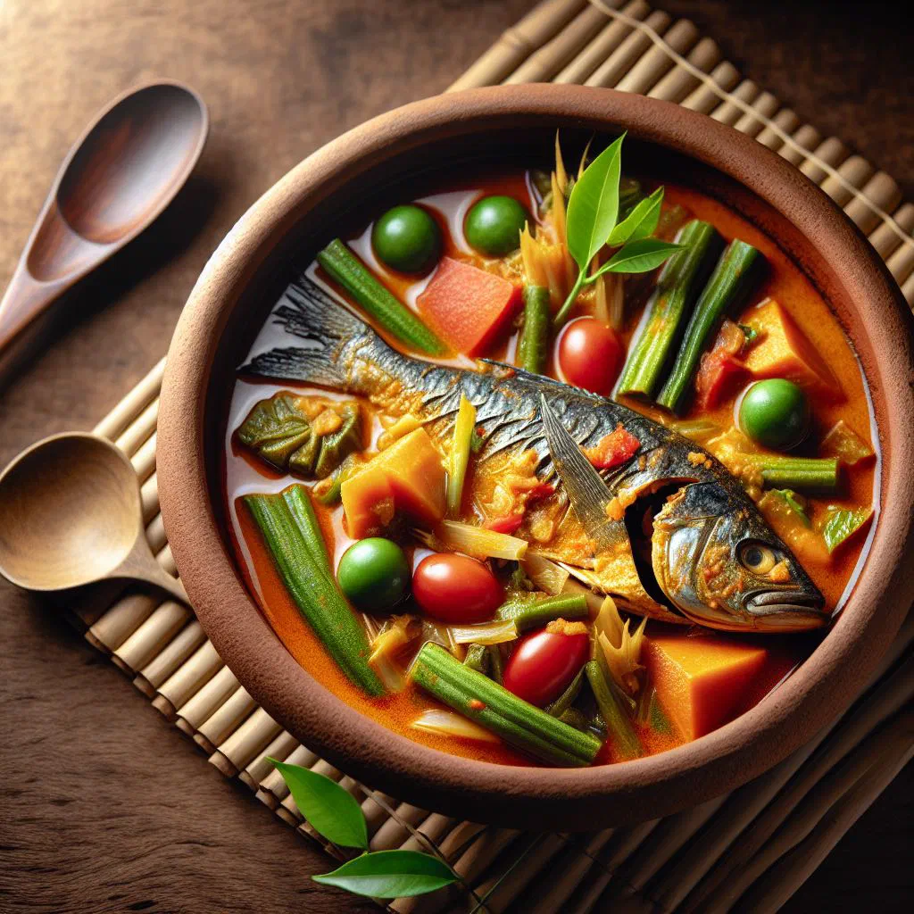 Bowl of Thai sour fish curry garnished with fresh coriander and lime