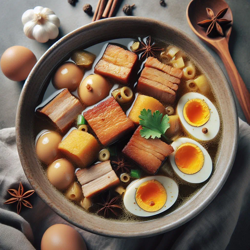 Kai palo chicken stew in a bowl with star anise and fresh coriander