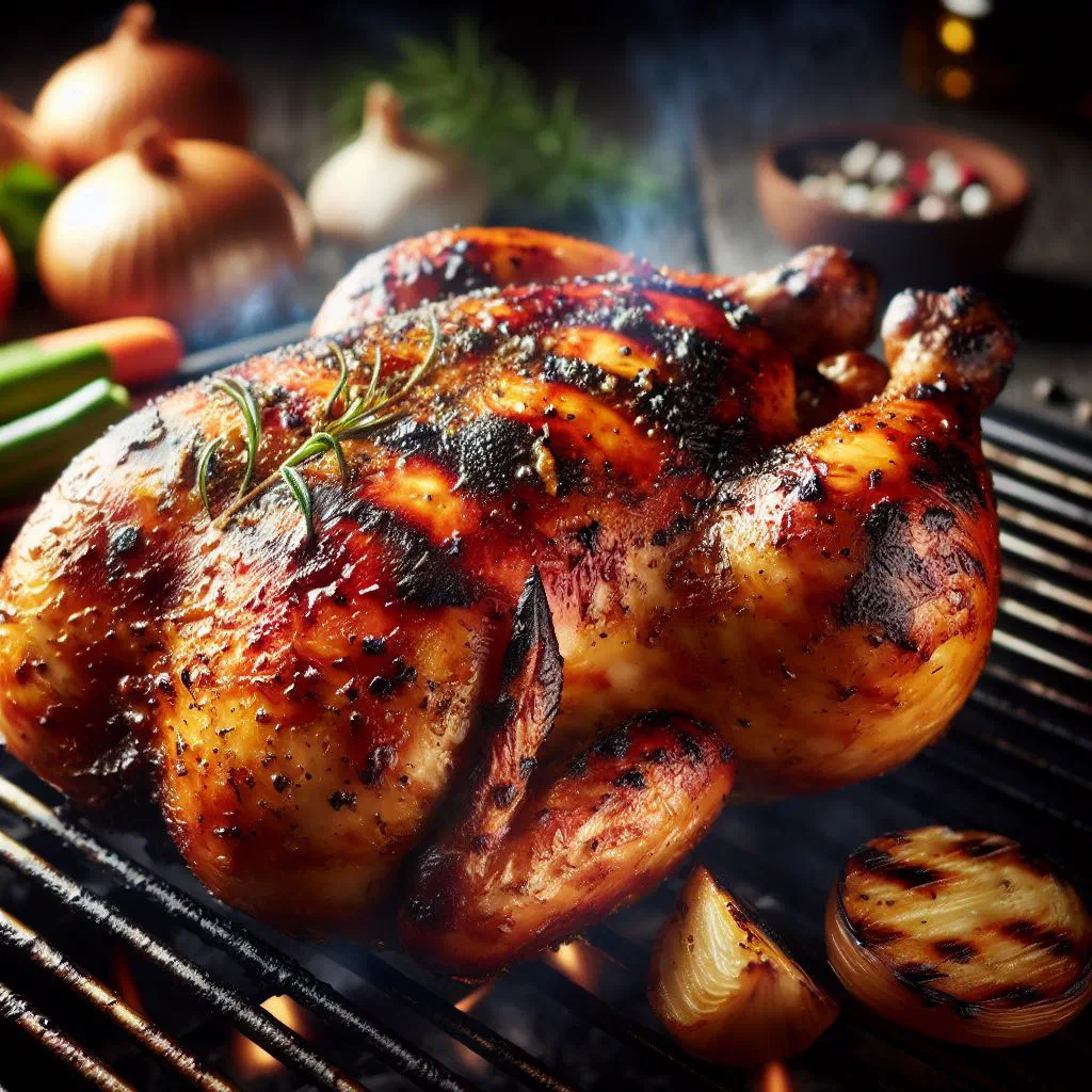 Golden grilled Thai marinated chicken on a wooden board with fresh herbs