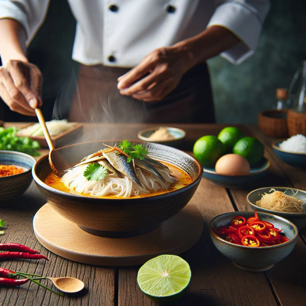 Bowl of kanom jeen nam ya with rice noodles, fish curry sauce and fresh herbs