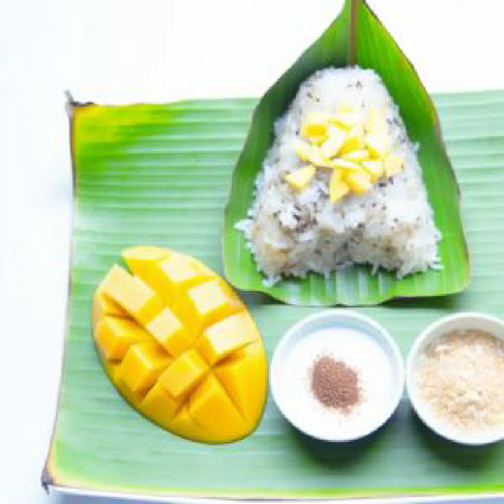A bowl of Thai sticky rice served with slices of fresh mango