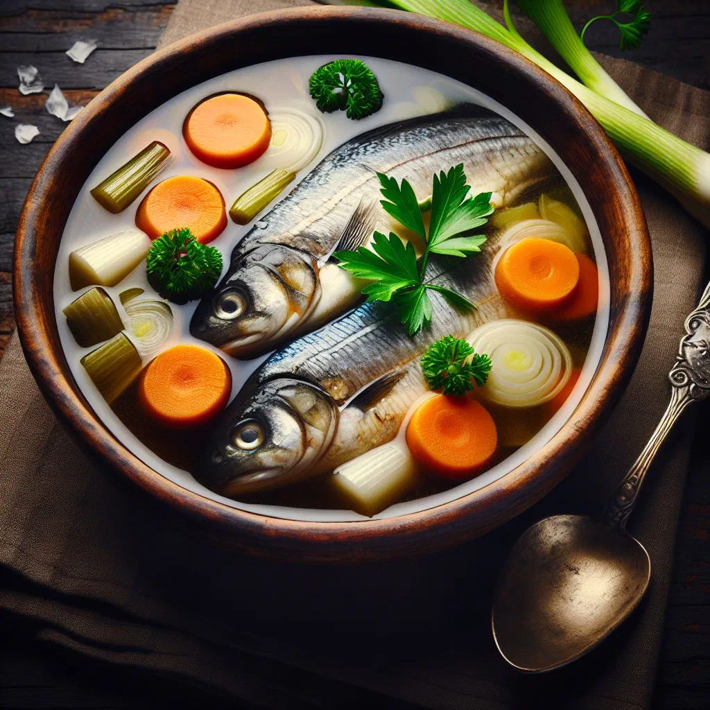 Bowl of Thai fish rice soup garnished with spring onions and coriander