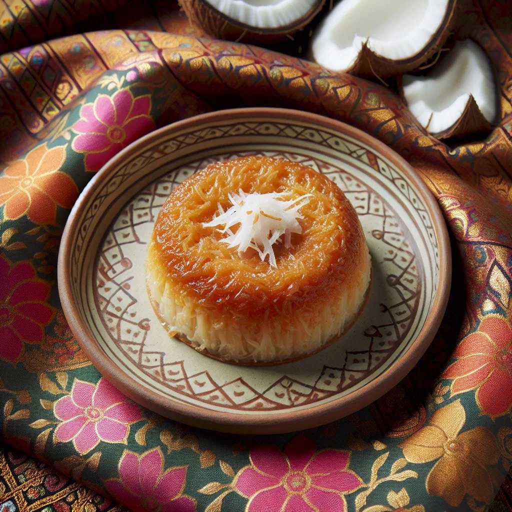Golden-brown squares of Khanom Babin coconut cake on a plate