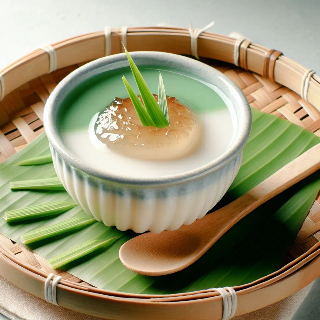 Steamed Thai coconut pudding cups (khanom thuay) served in small dishes