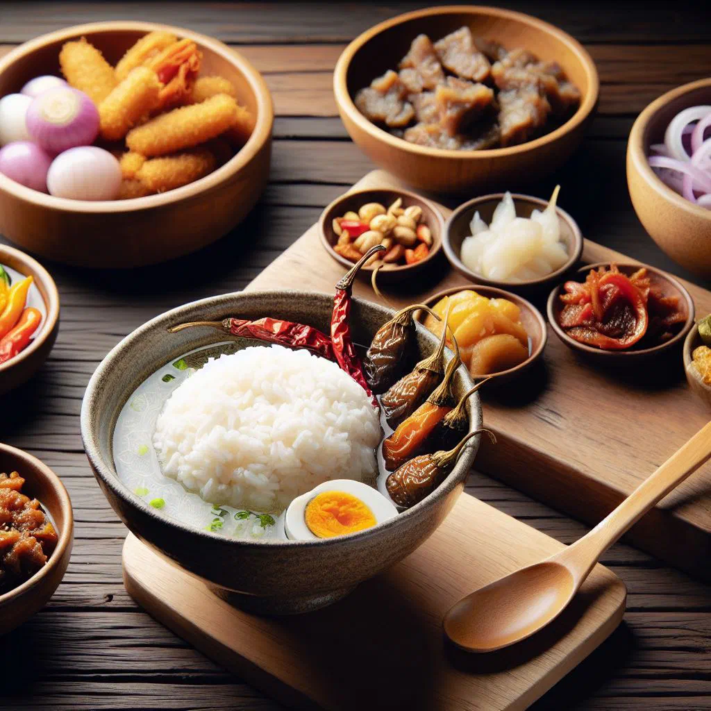Chilled jasmine rice in fragrant water served with colourful side dishes