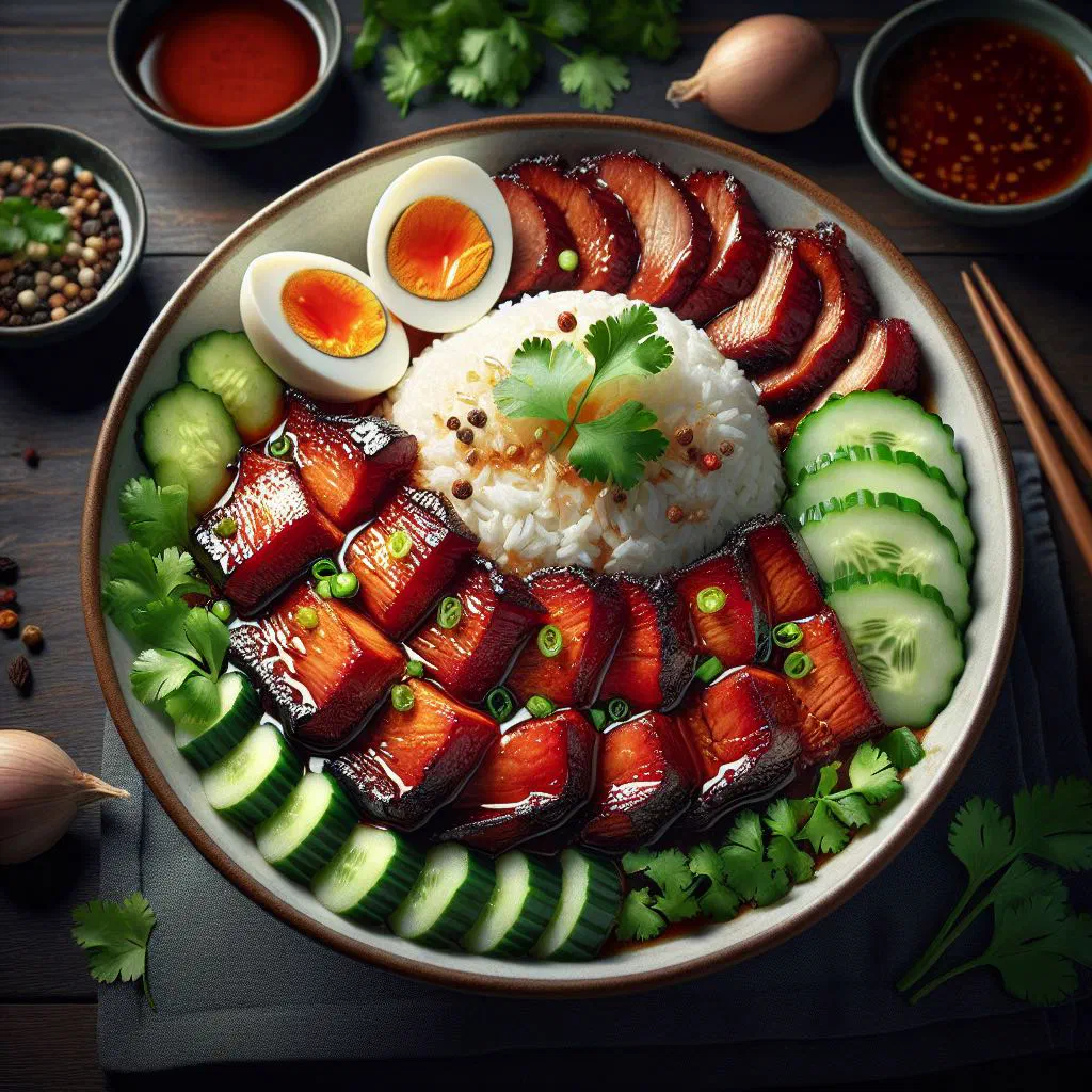 Sliced red roast pork over jasmine rice with fresh coriander