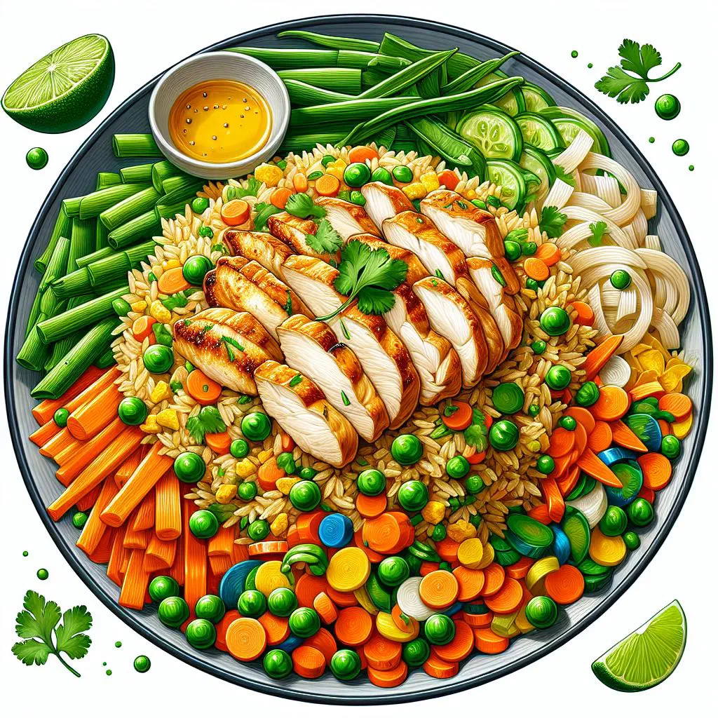 Thai chicken fried rice garnished with spring onions and fresh basil