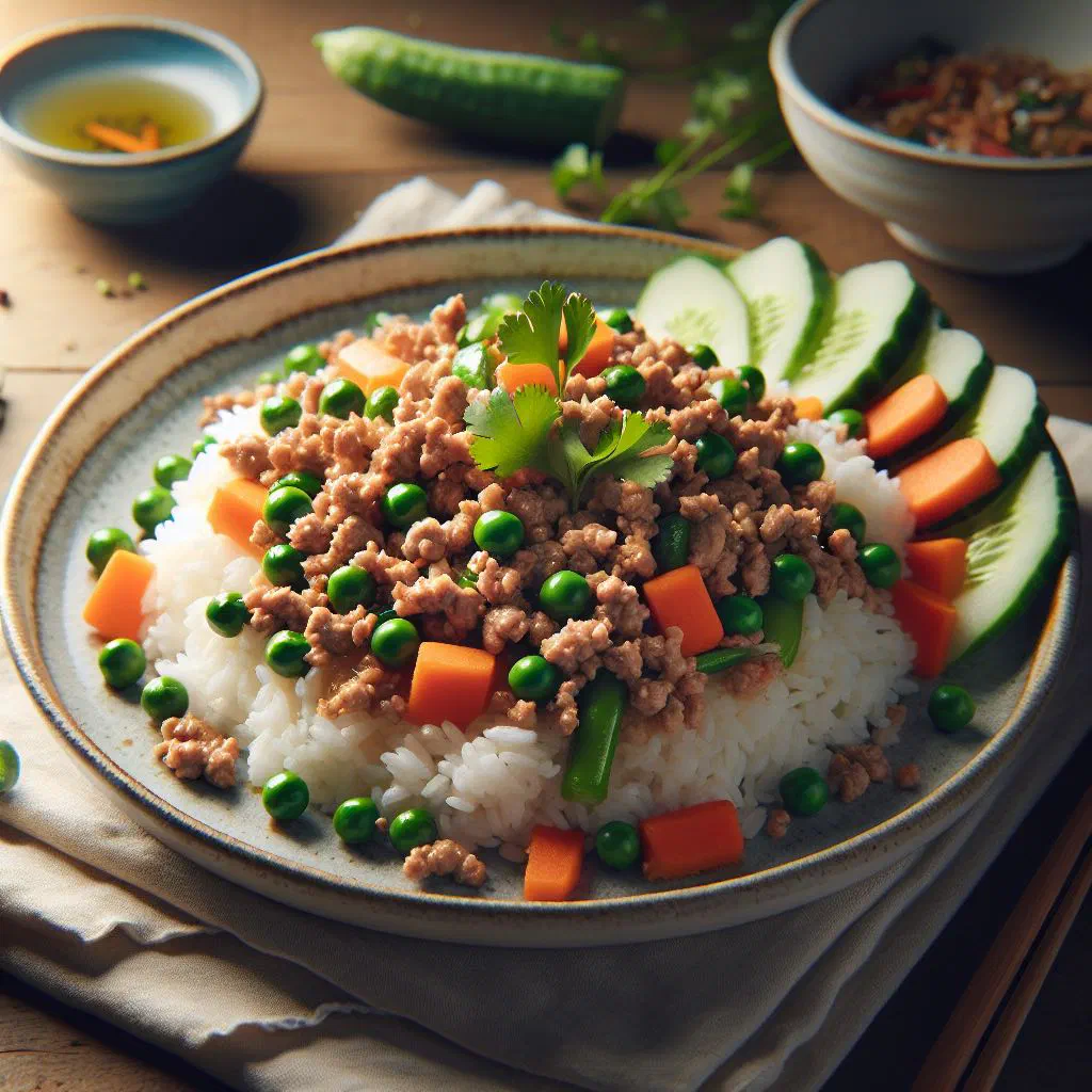 Thai fried rice with minced pork, vegetables and fresh coriander