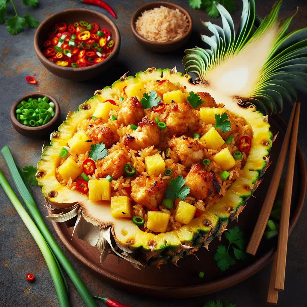 Khao pad sapparod, Thai pineapple fried rice garnished with fresh herbs