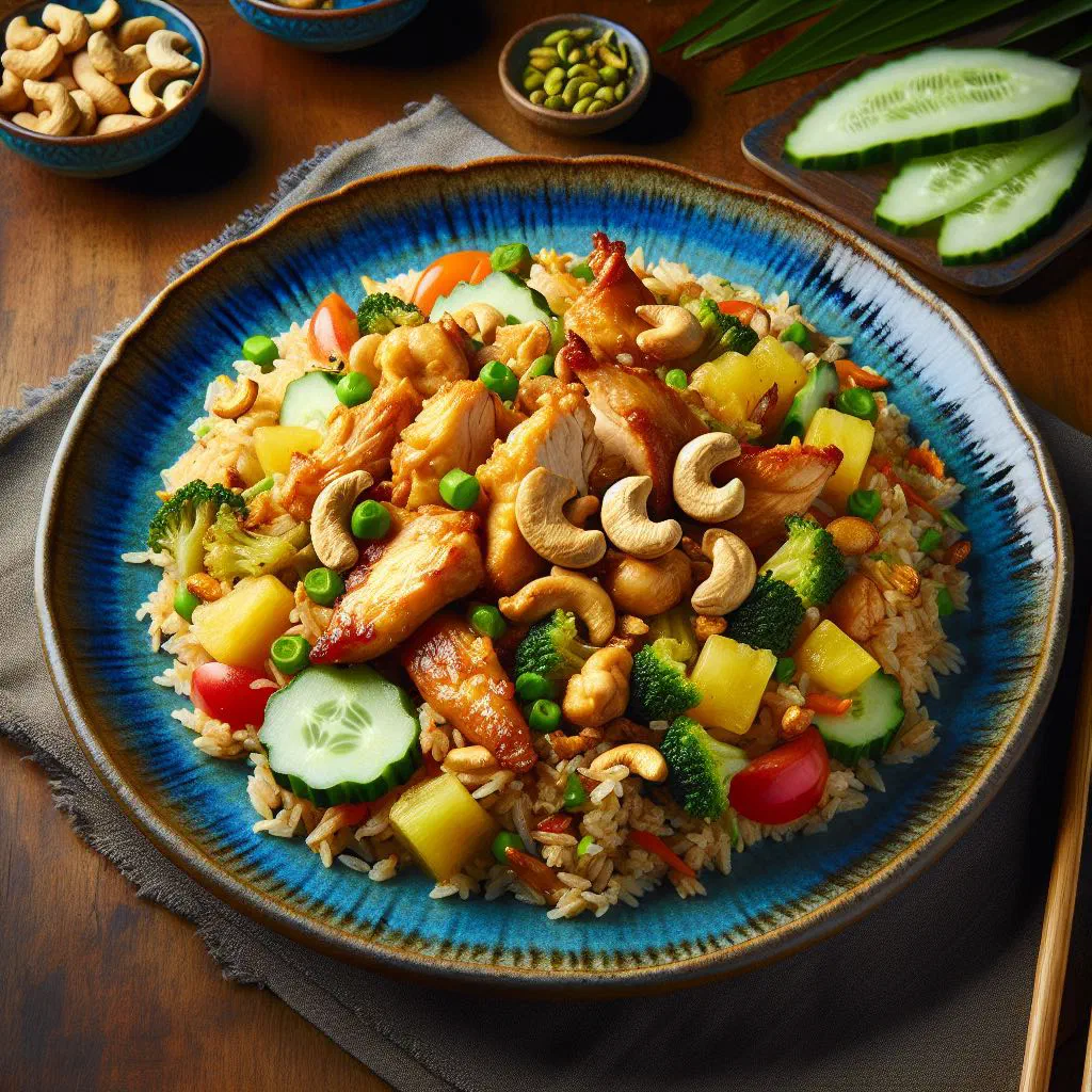Khao pad sapparot pineapple fried rice with vegetables and fresh basil