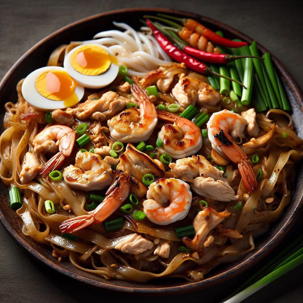 Stir-fried rice noodles with chicken, fresh herbs and chilli
