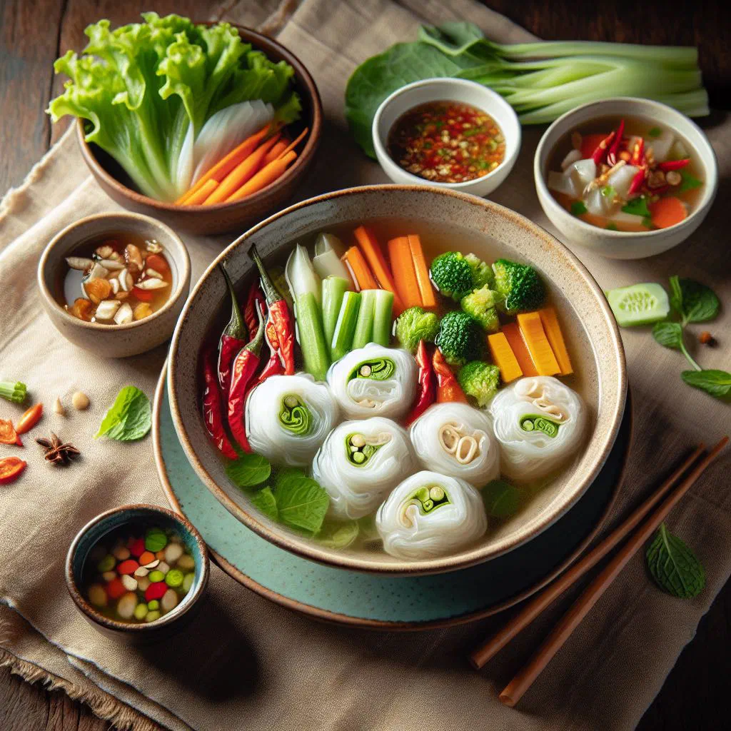 Kuay Tiew Lui Suan with rice noodles, fresh herbs and lime