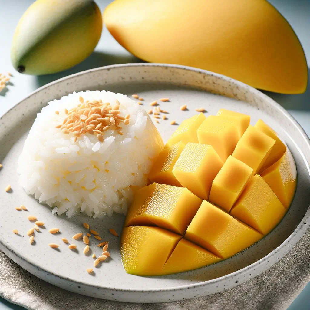 Thai mango sticky rice with fresh mango slices and coconut milk