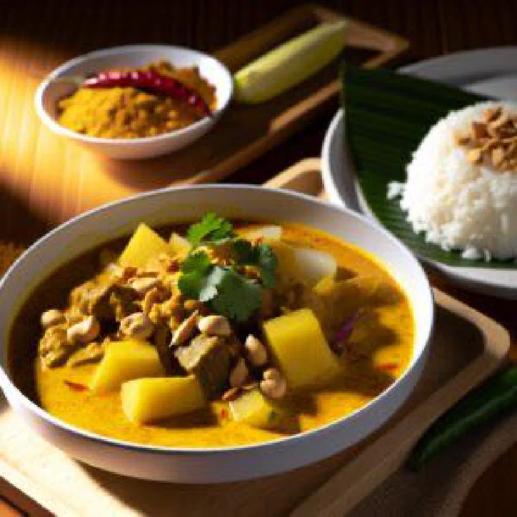 Massaman curry with tender meat, potatoes and peanuts in a bowl