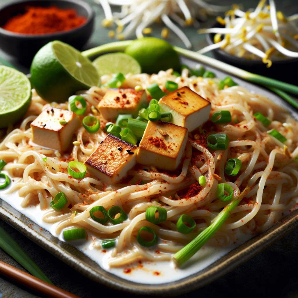Mee Kati rice noodles in coconut curry sauce garnished with fresh coriander