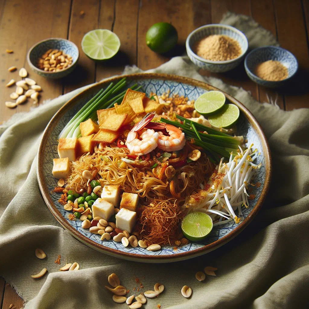 Crispy fried rice noodles in a sweet and sour glaze, topped with fresh herbs and chilli