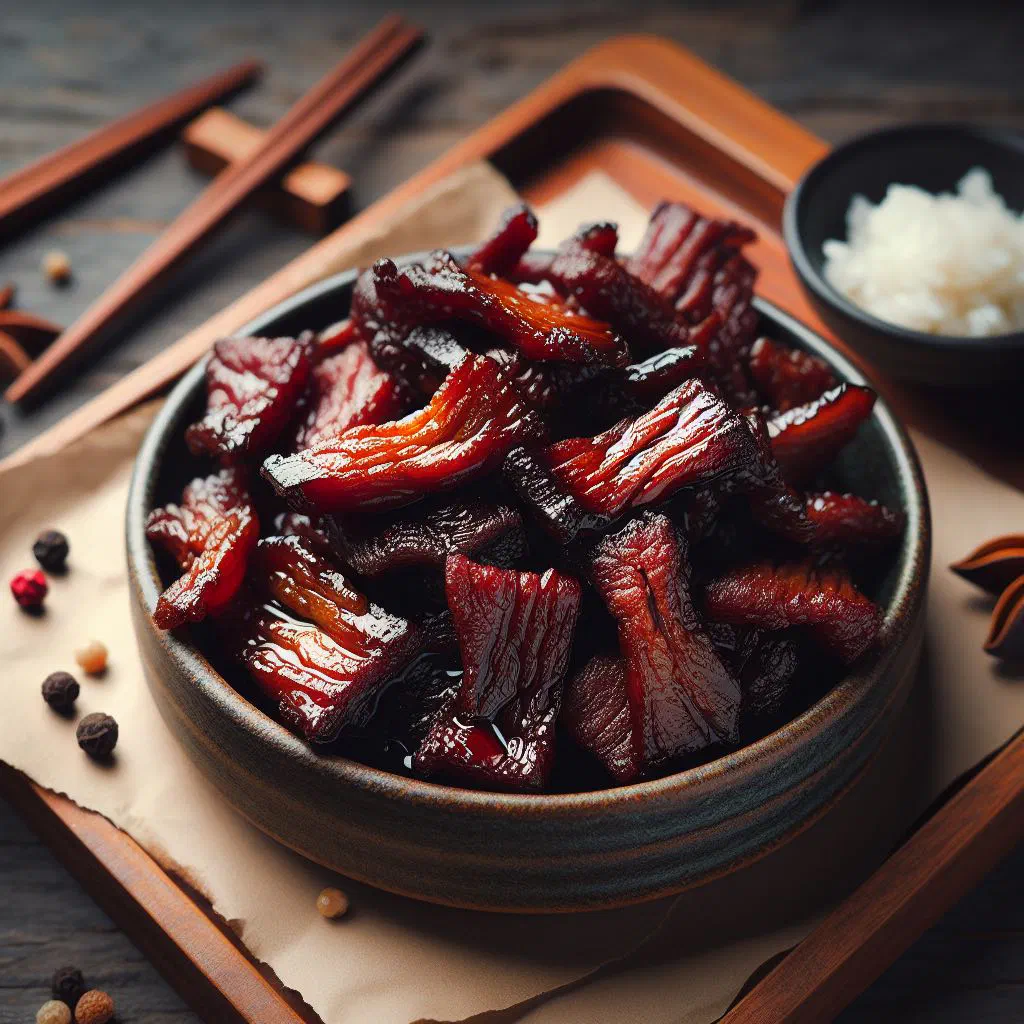 Crispy Thai sun-dried pork strips served on a plate with a dipping sauce