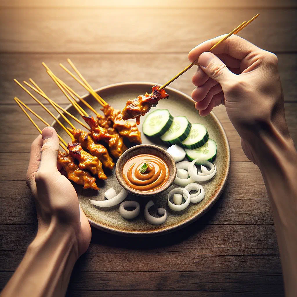 Grilled pork satay skewers served with creamy peanut sauce